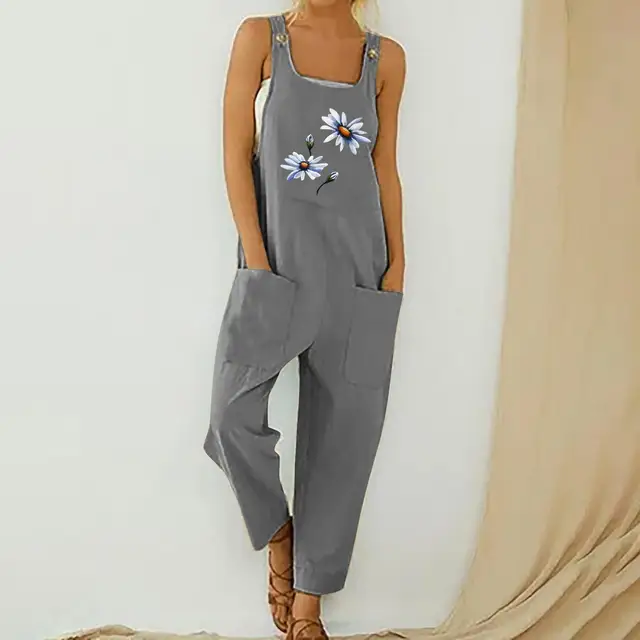 Womens Dungarees Print Rompers 2021 Summer New Ladies Casual Loose Linen Cotton Jumpsuit Sleeveless Pocket Overalls Playsuit 3A1893-Gray