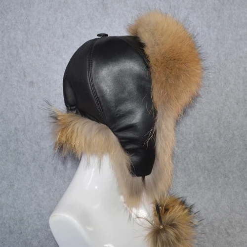 Натуральный Лисий мех шапки-бомберы зимние теплые женские пушистые шапки-ушанки из меха лисы Роскошные качественные женские шапки из натуральной кожи - Цвет: raccoon fur