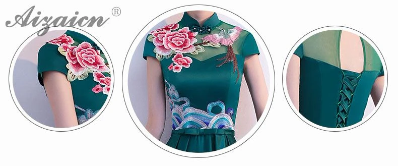 Зеленый вышивка Cheongsam современный Восточный стиль элегантные длинные платья Qi Pao для женщин Китайская традиционная одежда платье халат Ципао