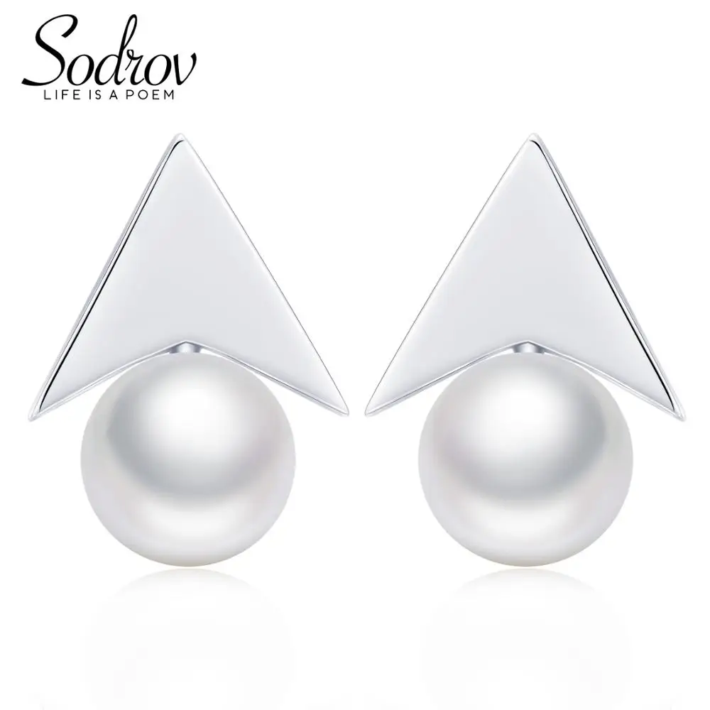 

SODROV 925 Sterling Silver Triangle Pearl Stud Earring for Women Fine Party Jewelry E045