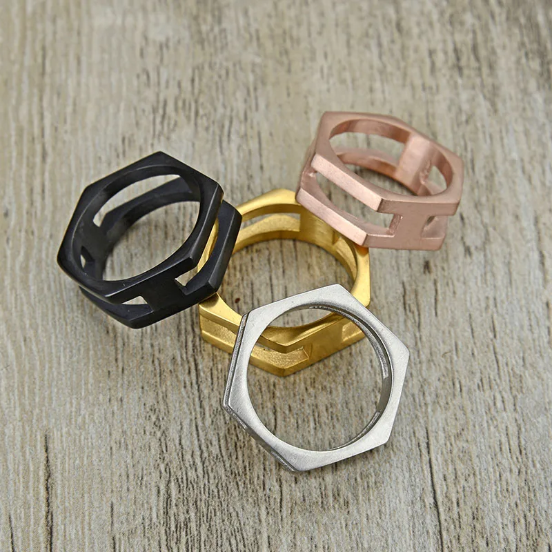 

New design Men Women Punk Black Plated Simple Hexagon Shape Finger Ring ,stainless steel Geometric Design Jewelry,wholesale
