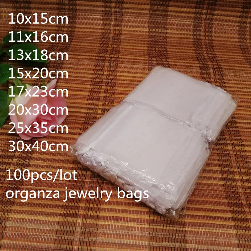 100PCS Weiße Kordel Organza Taschen Hochzeit Party Weihnachten Geschenk Taschen Für Schmuck Verpackung Für Schmuck Tasche Tasche Schmuck Tasche