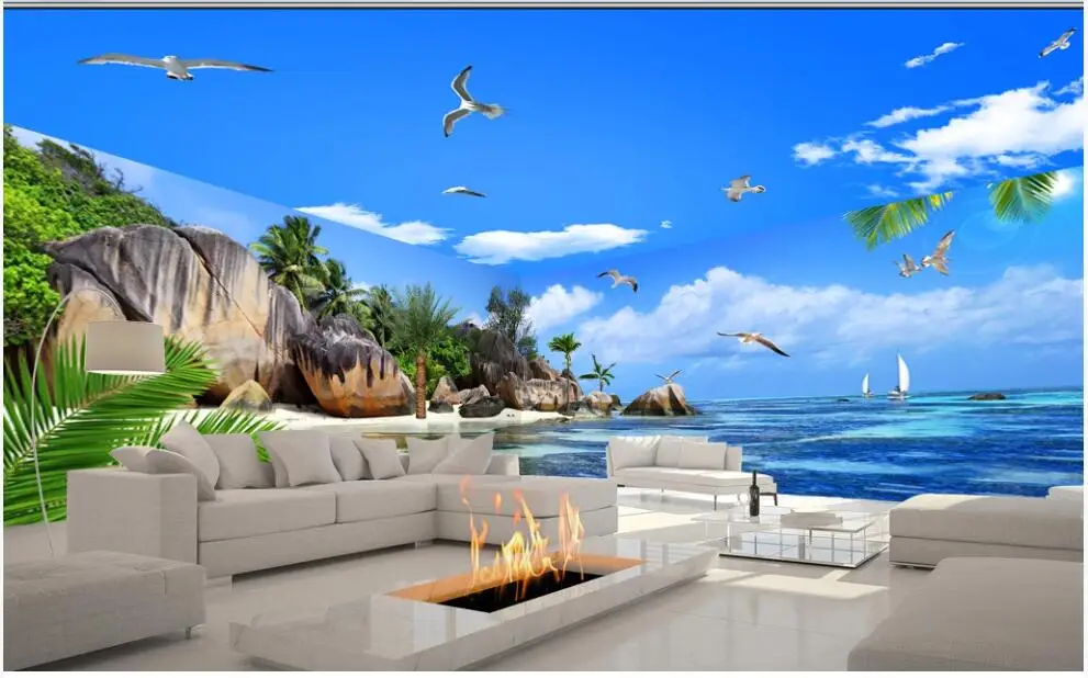 

3d wallpaper custom photo Seascape Rock Seagull Blue Sky White Clouds Whole house wall decor living room wallpaper for walls 3 d