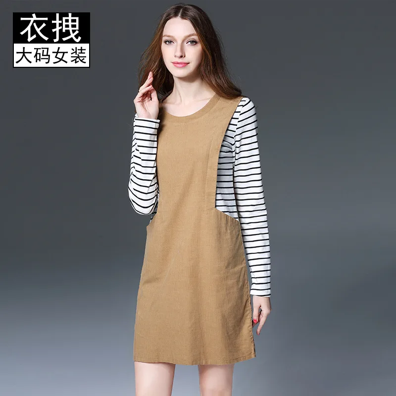 

Large Size Dress Spring New Style 2018 Plus-sized Clothing Joint Pure Cotton Striped Dress Quality Cabinet