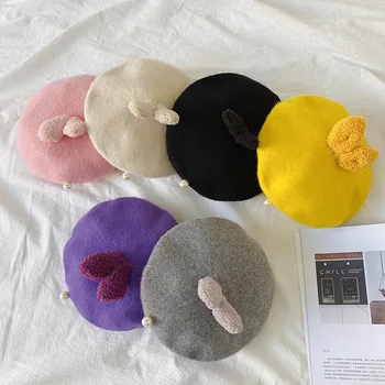 

Menoea Children Girls Autumn Warm Beret 2020 New Fashion Kids Solid Wool pearl Hats Teenager Girl Cute Rabbit Ear Cartoon Caps