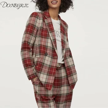 

2020 New Chic Plaid Notched Blazers Women Fashion Double Breasted Check Blazers Elegant Ladies Plaid Printed Long Sleeve Suits