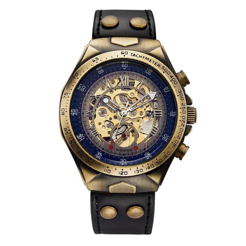 

Retro Style Bronze Skeleton Large Dial Leather Strap Steampunk Automatic Luxury Top Brand Men Mechanical Watch