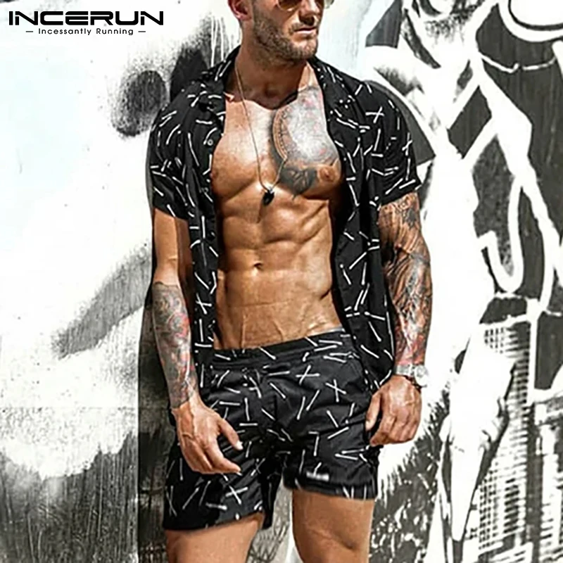 Mens Suit Button-Shirt Short-Sleeve Hawaiian-Sets Incerun-Printing Casual Summer 2pieces