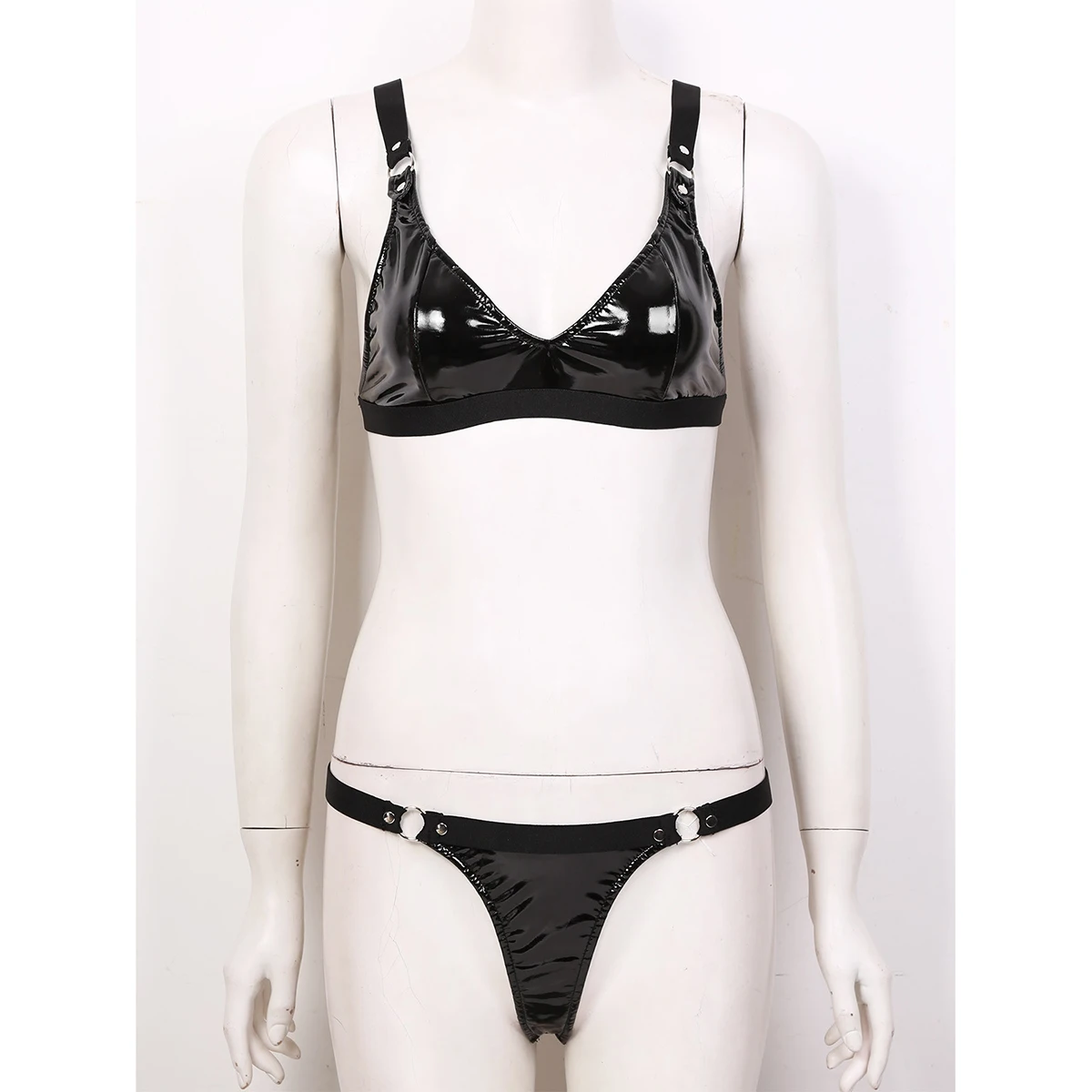 Women Ladies Wet Look Patent Leather Bikini Lingerie Set Elastic Shoulder Straps Bra Top with Mini G-string Thong Underwear