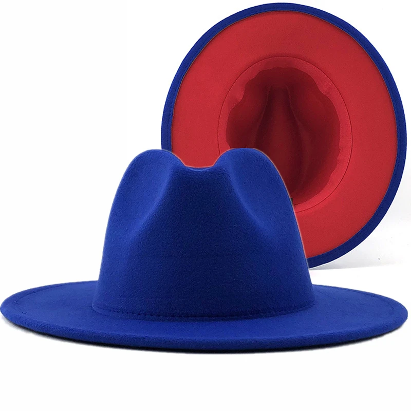 gray red Patchwork Wool Felt Jazz Fedora Hat Women Unisex Wide Brim Panama Party Trilby Cowboy Cap Men Gentleman Wedding Hat XL 2