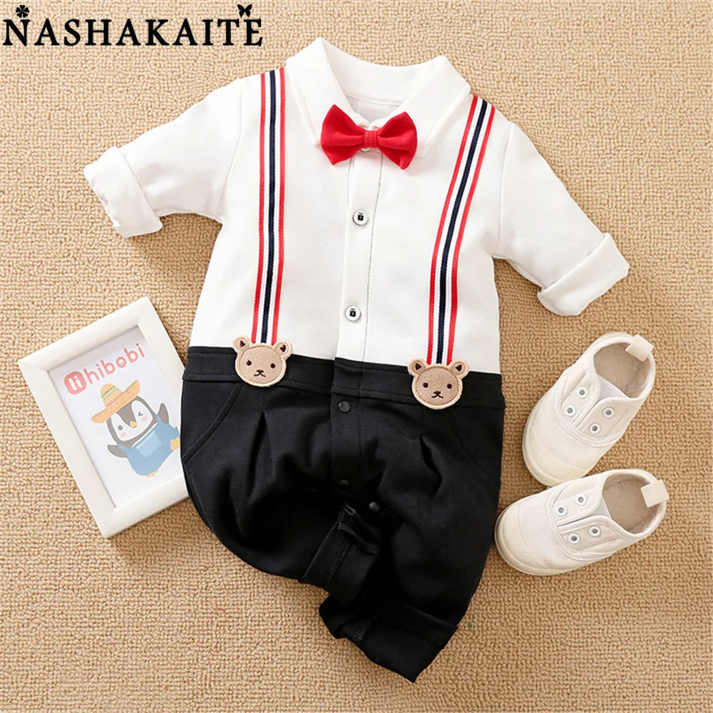 

NASHAKAIT Gentleman Baby Boy Romper With Necktie 2020 Baby Boy Winter Clothes Male Jumpsuit For Baby Newborn Overalls Kids