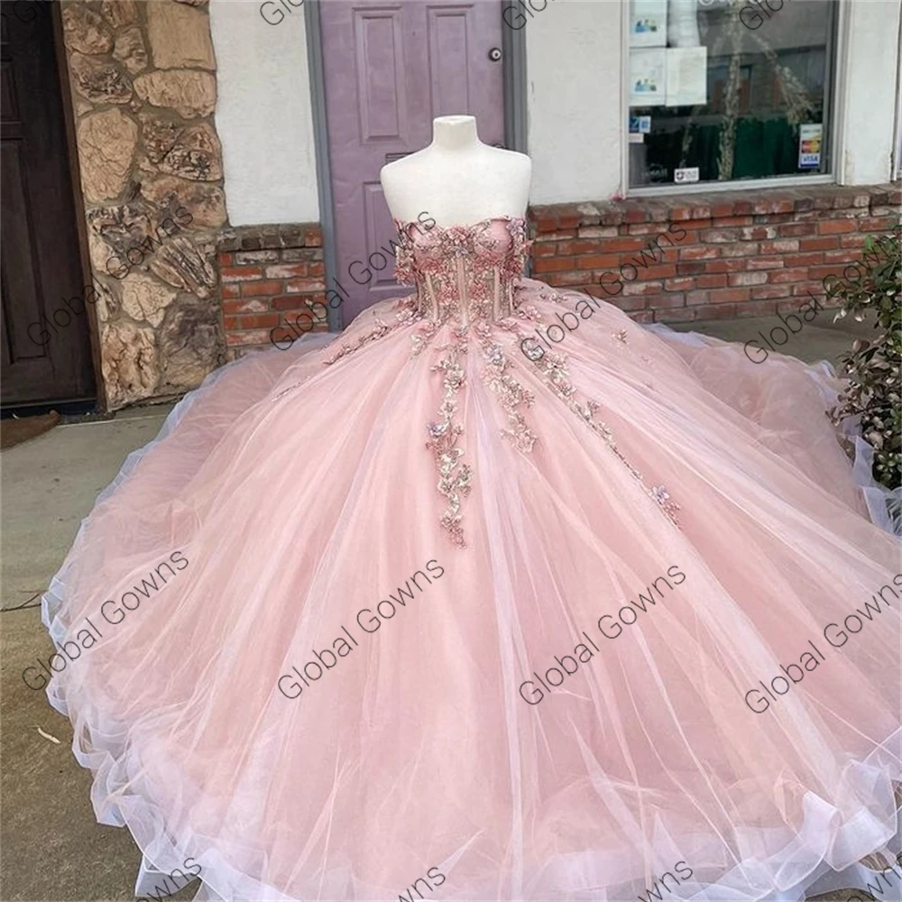 Pink Sweetheart Corset Ball Gown Quinceanera Dresses Beaded 3D Flowers Formal Prom Graduation Gowns Lace Up Princess Sweet 15 16