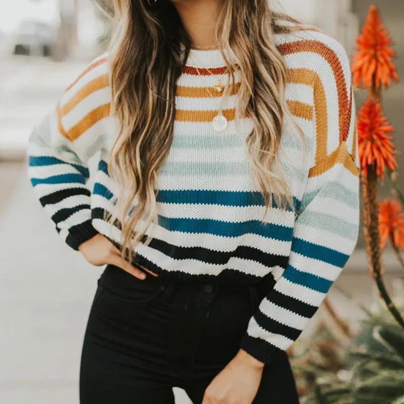 

Women's Batwing Sleeve Striped Knitted Sweater Rainbow Casual Female Sweaters Pullover 2019 Autumn Fashion Loose Ladies Jumper