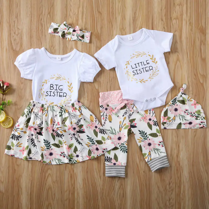 

AA 2020 Baby Girls Matching Clothes Little/Big Sister Tops Romper Pants Dress Outfits Girls Floral Clothing