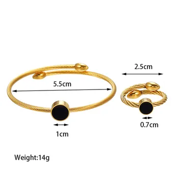

Luxury Jewelry Round Stainless Steel Charms In Gold Color Frame Open Cuff Bangle Ring Jewelry Set For Unisex