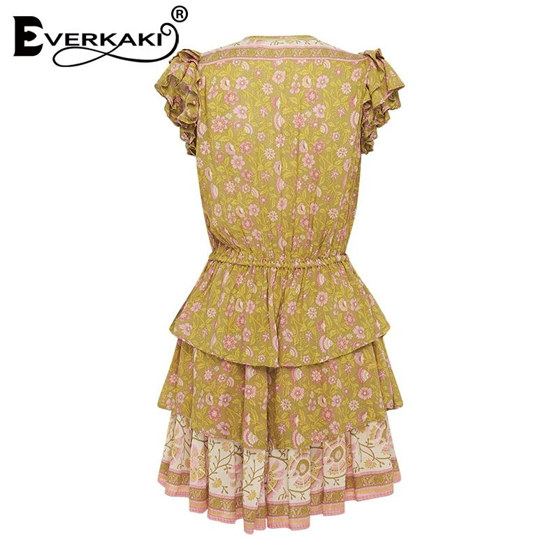 Everkaki Ruffles Boho печати Мини платье женское с поясом пуговицы цыганские женские пляжные короткие платья женские Лето Осень новинка