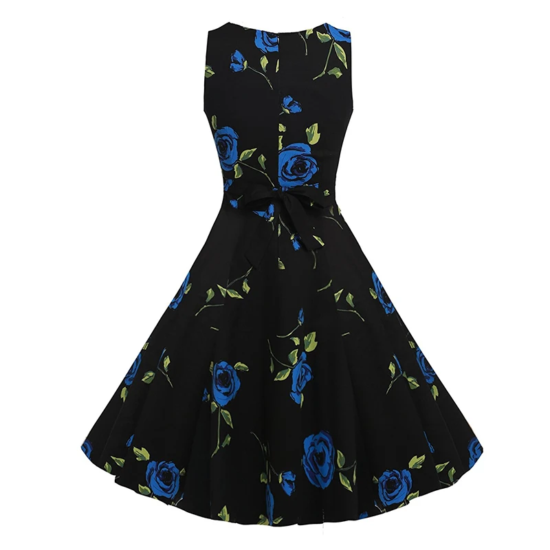 Kostlish Cotton Summer Dress Women 2017 Sleeveless Tunic 50s Vintage Dress Belt Elegant Print Rockabilly Party Dresses Sundress (53)