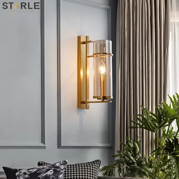 

Postmodern Light Luxury Copper Glass Wall Lamp Hotel Living Room TV Background Wall Led Simple Bedroom Bedside Lamp
