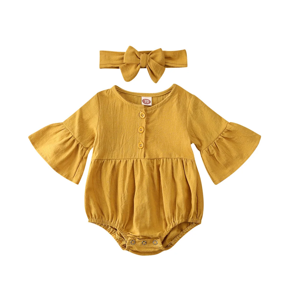 Yellow Three Quarter Милая одежда для маленьких девочек, комбинезон с оборками, боди, повязка на голову, яркий однотонный хлопковый костюм с длинными рукавами, весенний костюм для подвижных игр - Цвет: Yellow Three Quarter