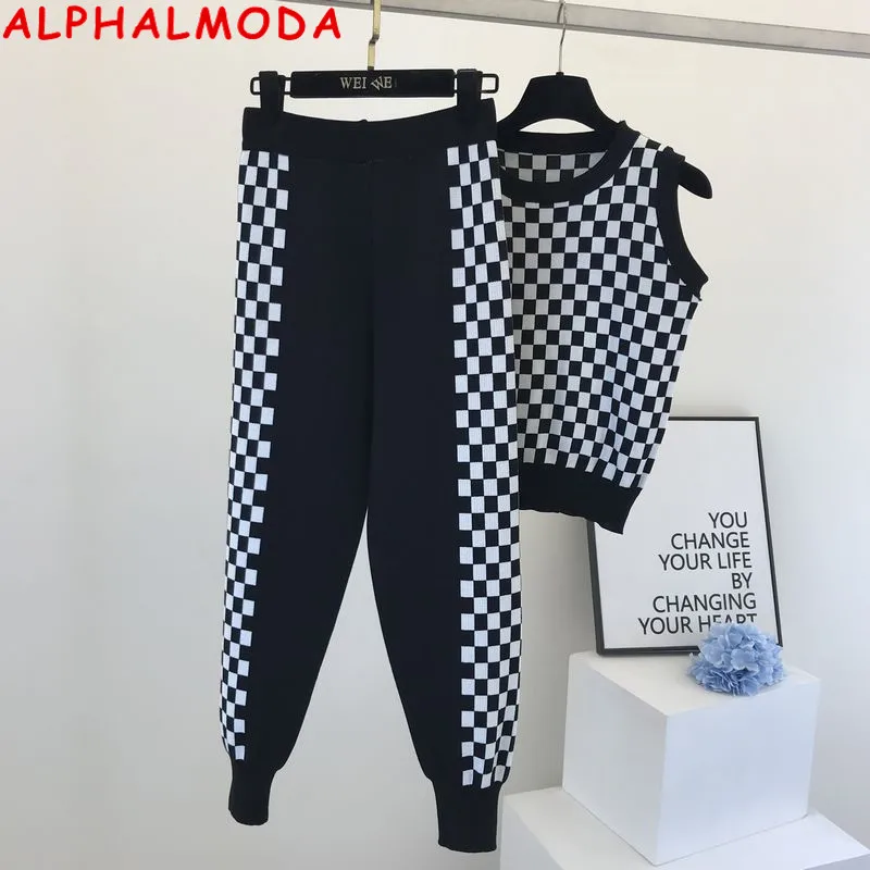Женский трикотажный комплект ALPHALMODA топ в клетку и брюки с высокой талией