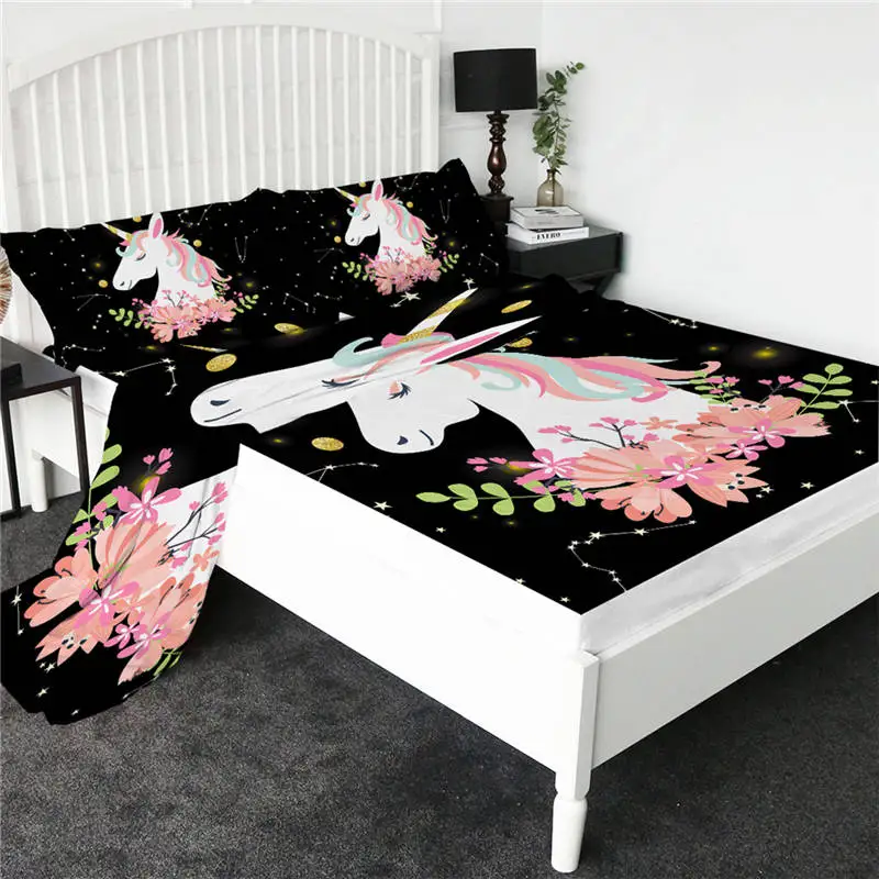 BeddingOutlet простыня с мультяшными котами, цветная простыня с единорогом, плоский лист с наволочкой, постельные принадлежности, 4 шт., наматрасник - Цвет: Pink unicorn