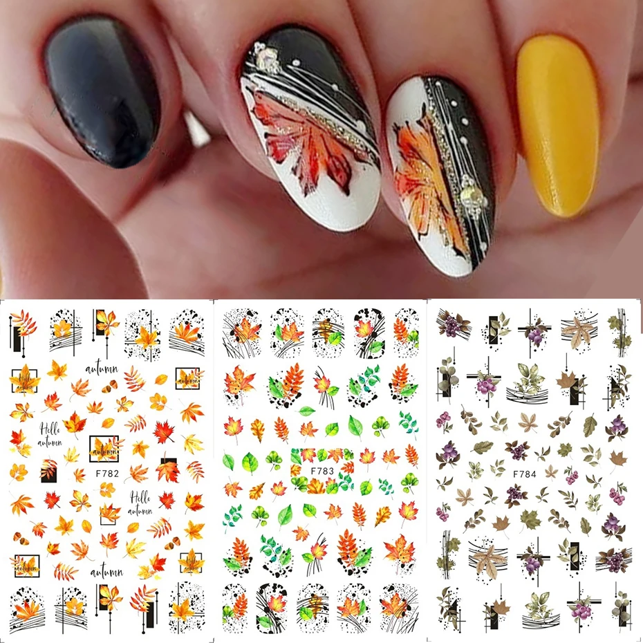 3D кленовые листья наклейки для ногтей осенние золотые зеленые дизайн акриловый