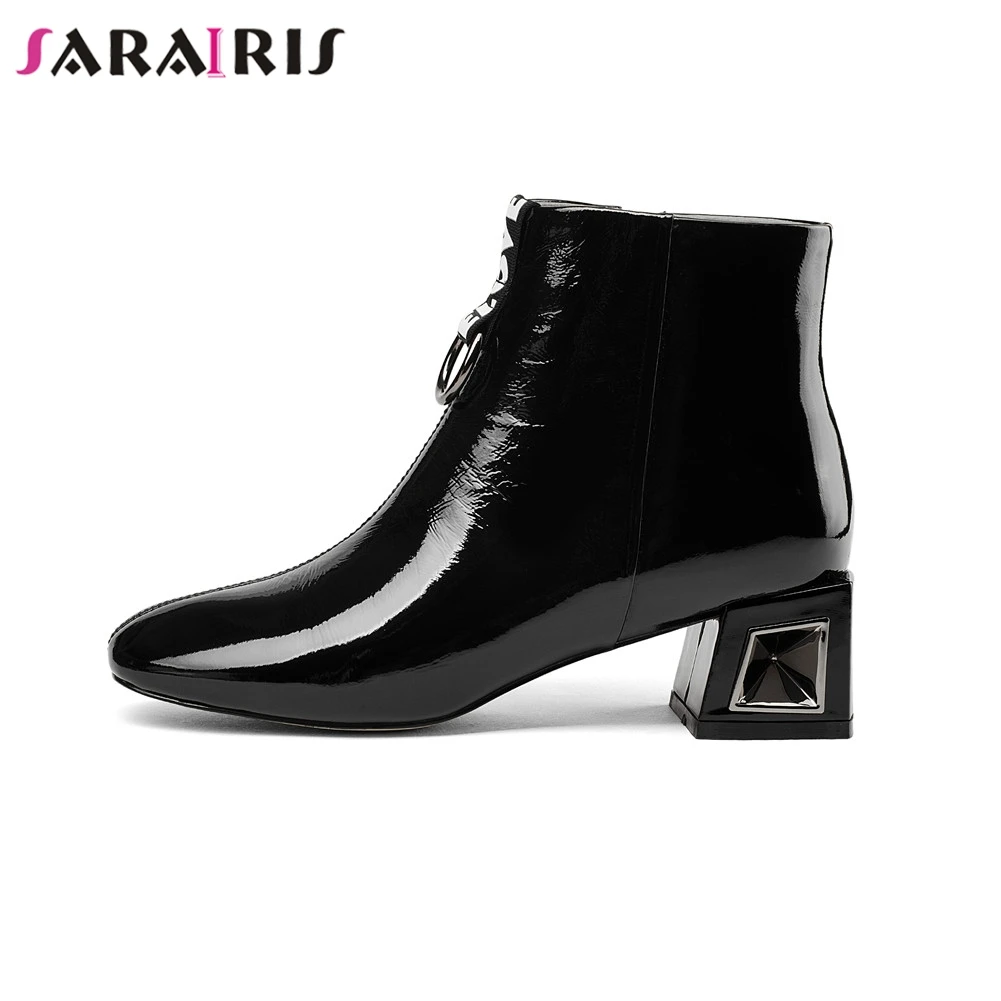 

SARAIRIS New Big Size 33-43 Black Zip Wide Med Heels 5cm women's Patent Cow Leather Shoes Woman Casual Autumn Winter Ankle Boots