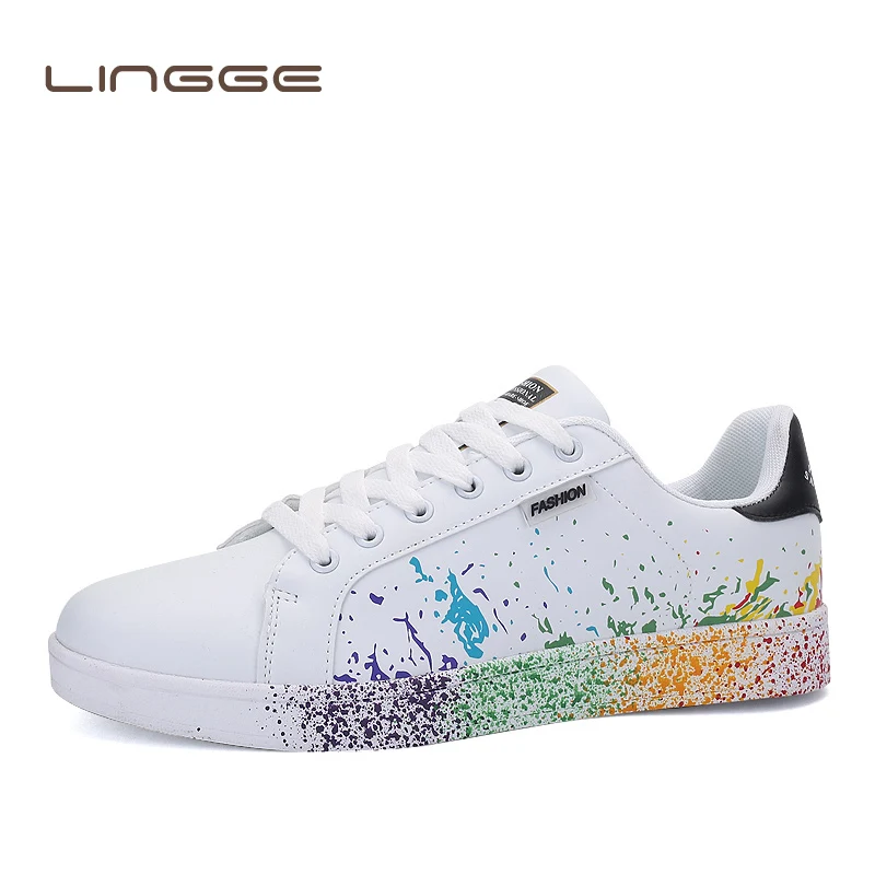 

LINGGE 2020 Men Shoes Spring Autumn Casual Leather Flat Shoes Lace-up Low Top White Male Sneakers tenis masculino adulto Shoes
