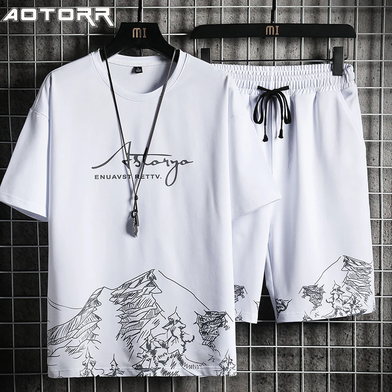 Conjunto de pantalones cortos y Camiseta con estampado de moda para hombre, traje informal de retazos, chándal para correr de verano, 2 piezas, 2021