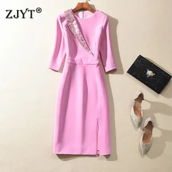 

Elegant Dress Women 2020 New Spring Summer Designer Three Quarter Sleeve Sequined Slim Fit Office Lady Pencil Dress Plus Size