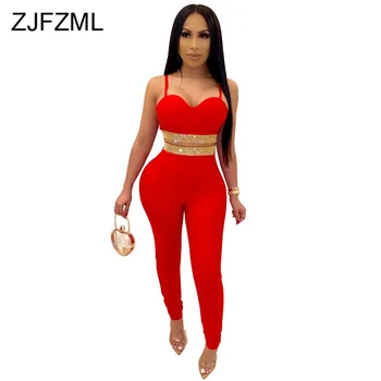 

Glitter Rhinestones 2 Piece Set Women Spaghetti Strap Backless Crop Top + Pencil Pant Sweatsuits Elegant Two Piece Club Outfits