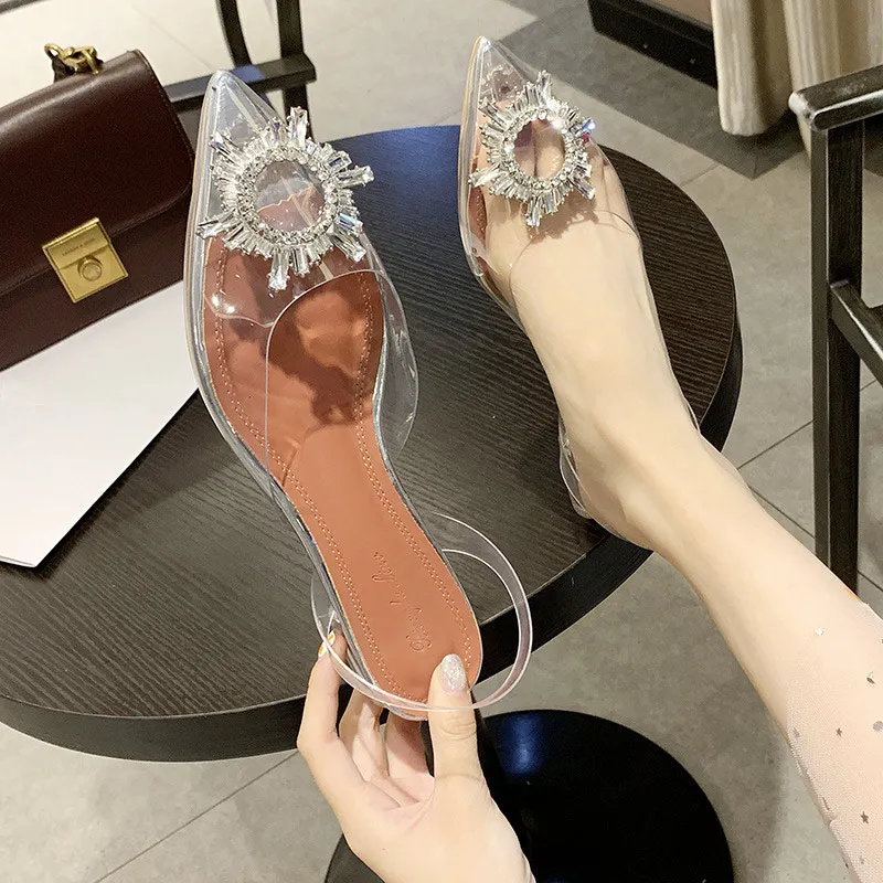 Сандалии женские прозрачные на высоком каблуке пикантные туфли с острым носком