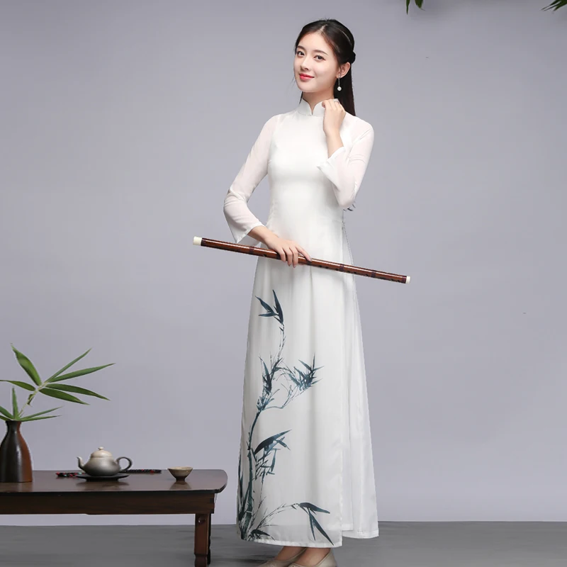 Вьетнамское платье аодай в китайском стиле ретро Феи Ципао Aodai Cheongsam женская одежда двойное платье азиатская одежда