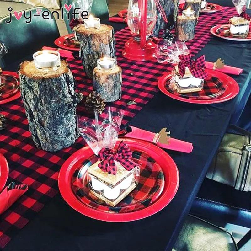 

Christmas New Year Burlap Table Runner Christmas Table Decor Red Black Plaid Tablecloth Xmas Party Banquet Navidad Noel Decor