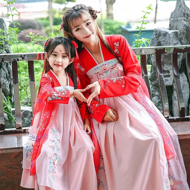Платье для подиума с цветочным принтом для мамы и дочки, Hanfu,, вечерние платья для мамы и дочки, Семейные комплекты