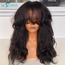 

Bangs Wig Human Brazilian Hair Full Machine Made Yaki Wavy Human Hair Wig With Bangs Remy 24" 180 Density For Women xcsunny