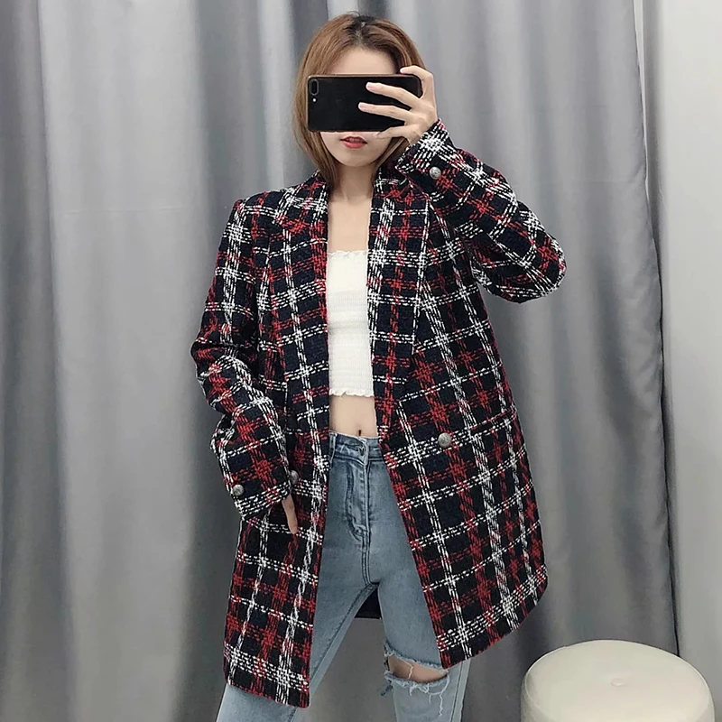  Women Fashion Tweed Red Plaid Za Long Jacket 2019 Autumn-winter Female Long Sleeve V-neck Warm Loos