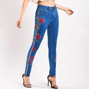 

Floral Embroidered Skinny Jeans Woman Side Stripe Jeans Pants Raw Hem Blue Jeans Denim Trousers Pencil jeans donna