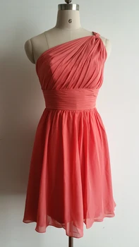 

Elegant One Shoulder Knee Length Formal Gown Coral Chiffon Short Bridesmaid Dresses 2016 Cheap under $100