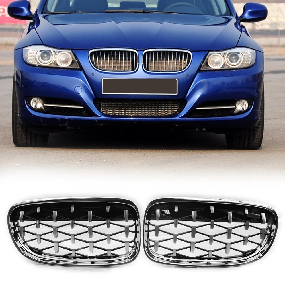 VODOOL Left Right Chromed Diamond Kidney Grille Grill for BMW E90 E91 3 Series Facelift Double Slat Sport Style Gloss Black