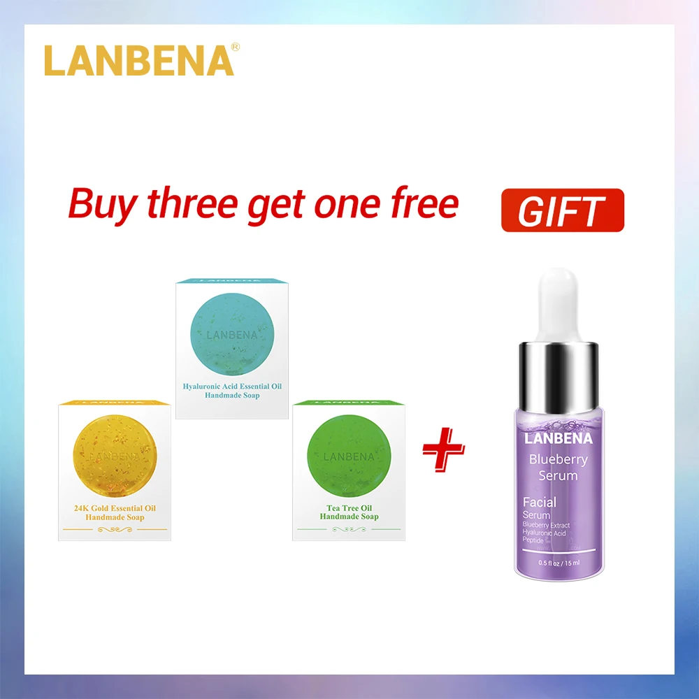 

Buy 3 Get 1 Gift LANBENA 24K Gold Handmade Soap Hyaluronic Acid+Seaweed+Tea Tree Facial Cleansing 3PCS+Blueberry Whitening Serum
