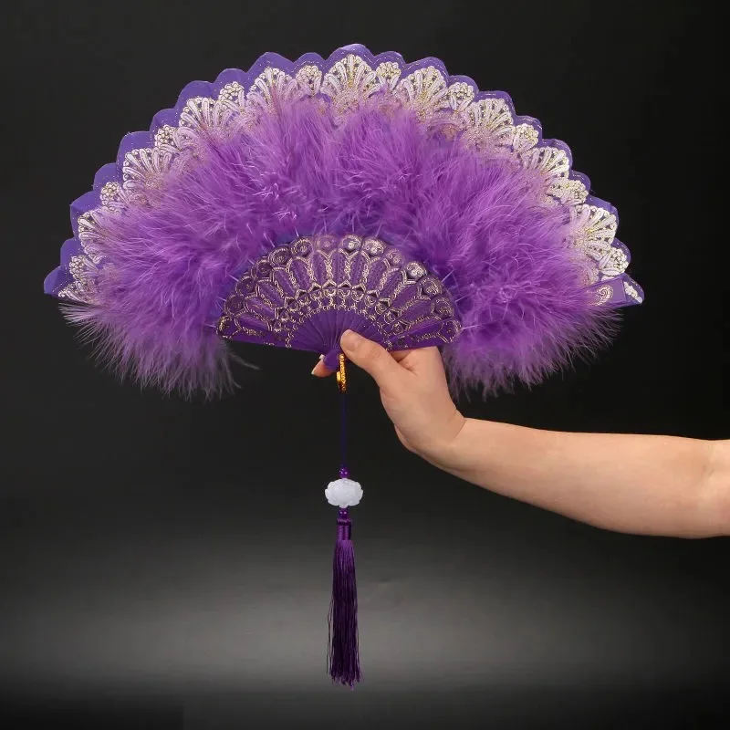 Folding Fan Lolita Feather Sweet Girl Dark Gothic Court Dance Hand Fan with Pendant Photography Props Wedding Party Decoration