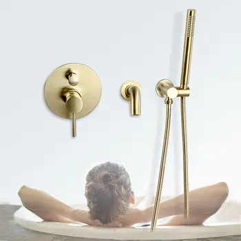 

Beiluode Brushed Gold Bathtub Shower Faucet Wall Mount Spout Shower Brass Handshower Bathroom Shower System Tap AL1054