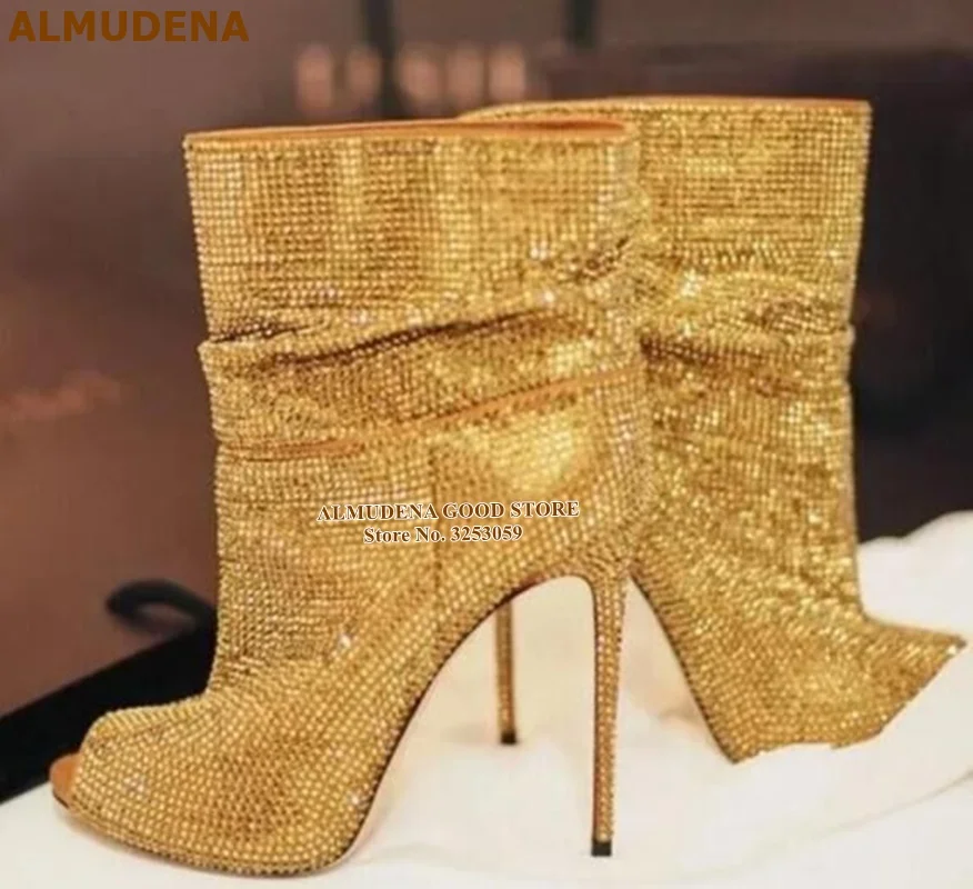 

ALMUDENA Women Gold Silver Crystal Ankle Boots Open Toe Folded Loose Dress Boots Stiletto Heels Bling Bling Motorcycle Boots