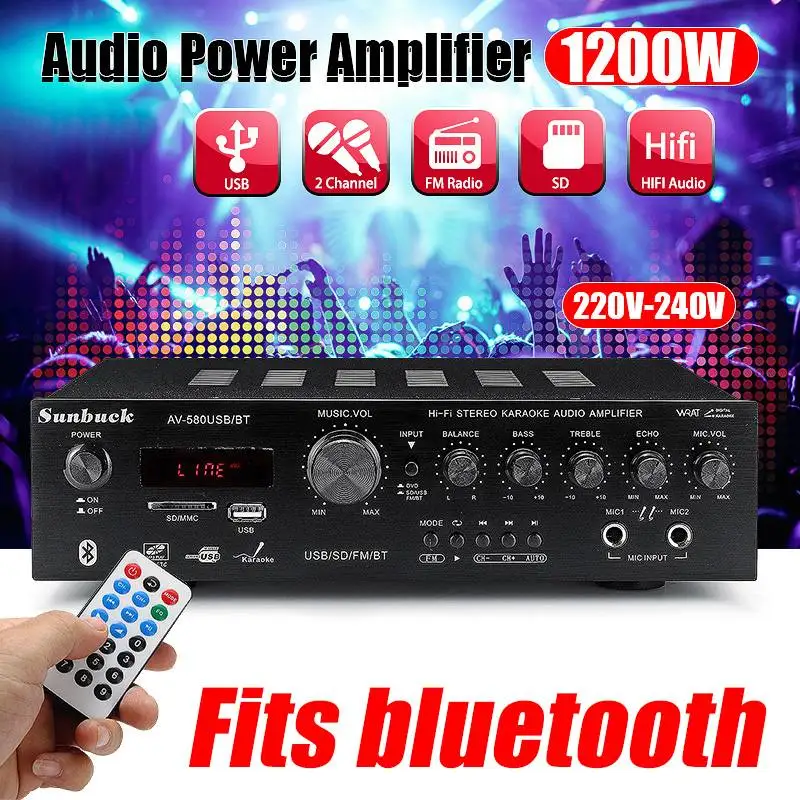1200 Вт профессиональный аудио усилитель мощности bluetooth HF домашний кинотеатр Автомобильные усилители сабвуфер дистанционное управление Поддержка FM USB SD