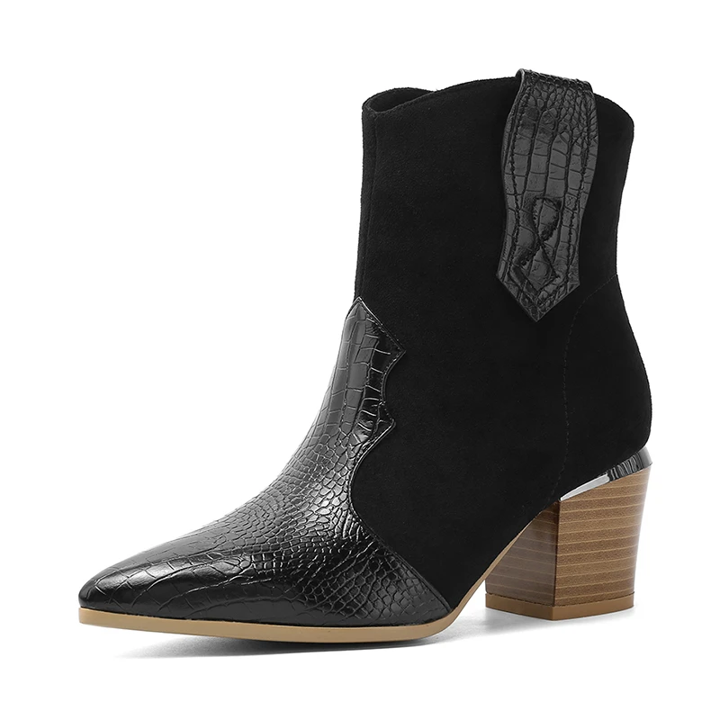 

COOLULU Cossacks Mixed Colors PU Leather Cowboy Ankle Boots Women Wedge High Heel Booties Snake Print Western Cowgirl Boot