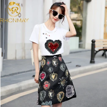 

New Summer Runway Fashion Two Pieces Set Women's Short Sleeve Printed Blouses + Vintage Jacquard Mini Short Skirts Sets Suit