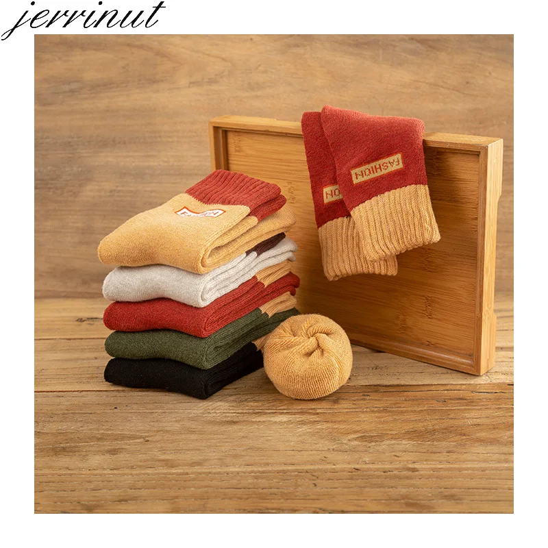 Jerrinut носки женские хлопковые теплые счастливые милые цветные яркие однотонные носки Осень Зима повседневные Модные Харадзюку носки 5 пар