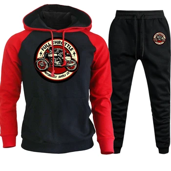 

Full Throttle Cafe Racer Rockabilly Biker Raglan Hoodies Men Streetwear Autumn Winter New Suit Fleece Hooded+Pants 2 Piece Set