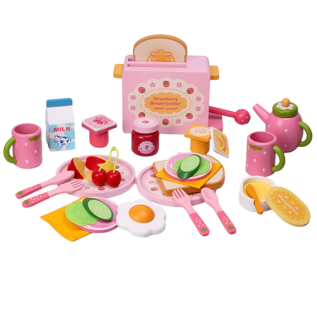 

29pcs Wooden Pretend Bread Toaster Set Simulation Playset Kitchen Toys with Strawberry Pattern - Pink